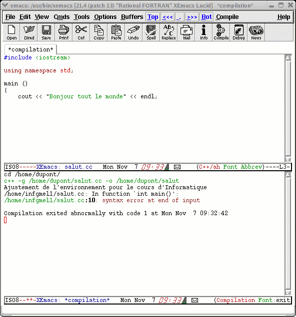 Erreur de compilation dans Emacs